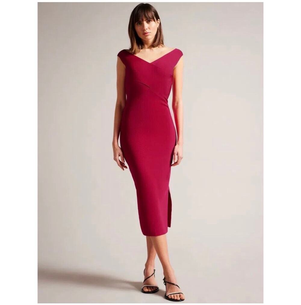 Ted Baker Dress Womens 8 Bright Pink Mikella Bodycon Stretch Knit Midi Classic